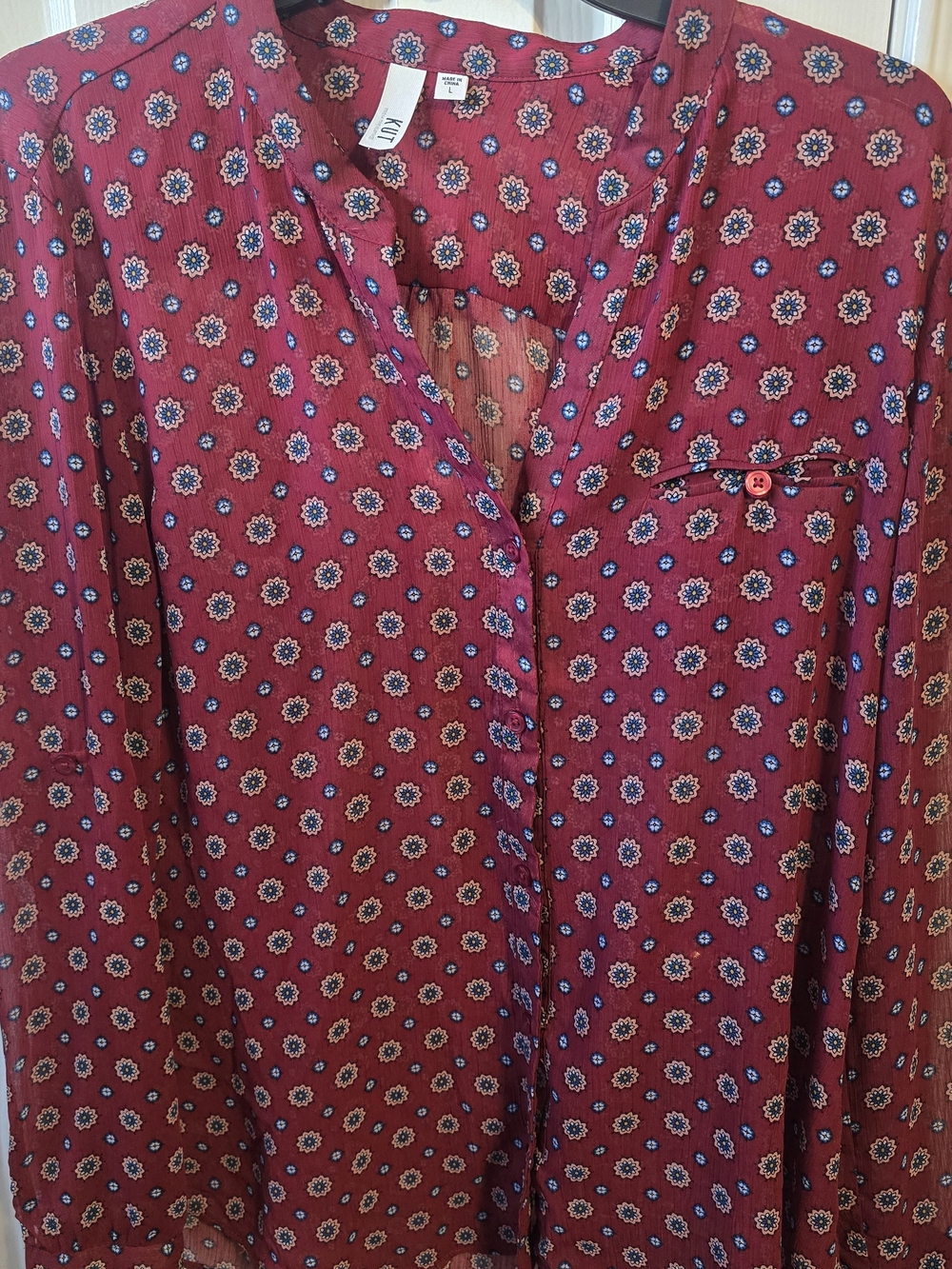 KUT From The Kloth Maroon Floral Sheer Split Neck Blouse Top Size L